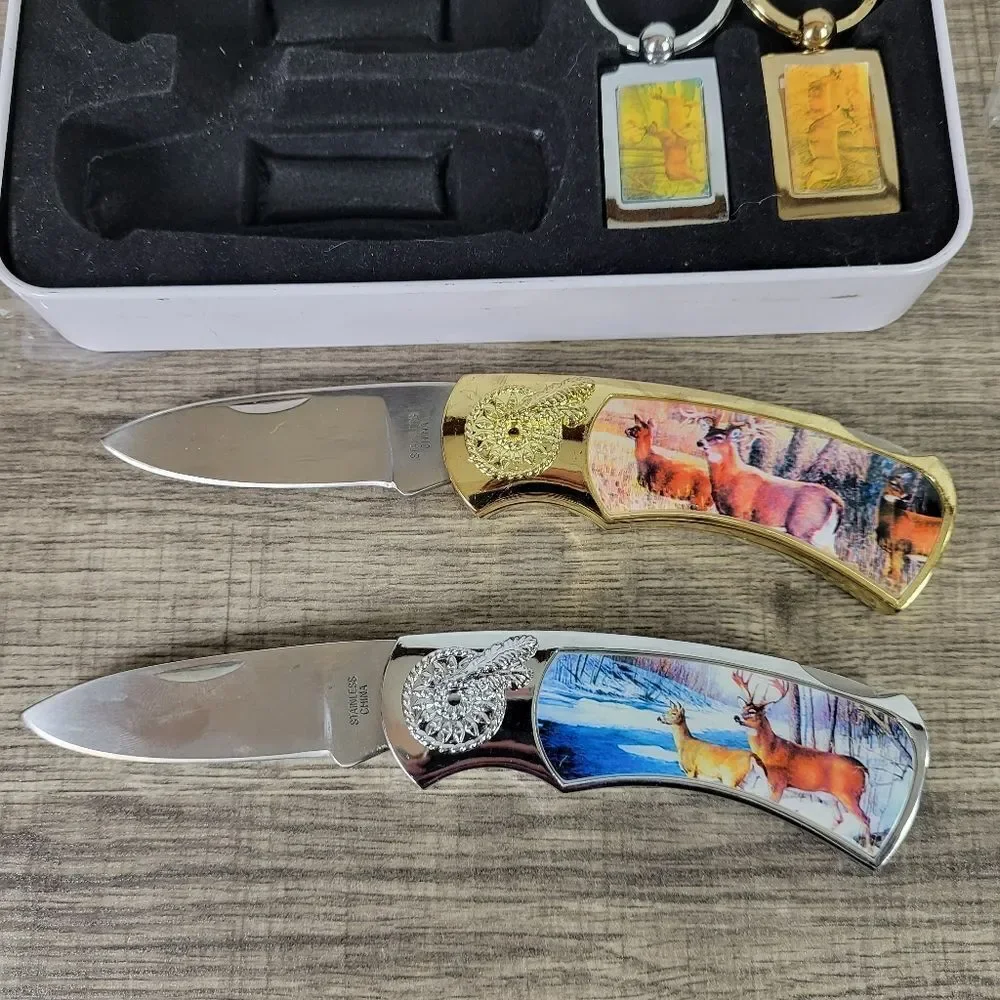 Decorative Folding Knife‎ and Keychain Set with Decorative Tin